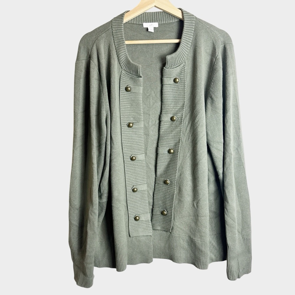 J. Jill Military Style Open Front Cardigan Brass Buttons Preppy Quiet Luxury